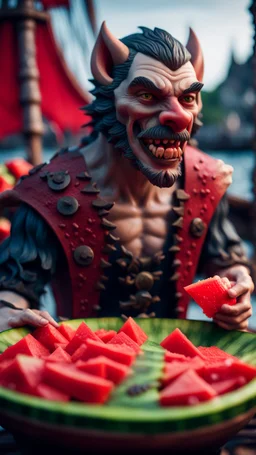 portrait of a vampire werewolf with mustage eating watermelon and the blood of fish on a viking ship, in the style of escher ,bokeh like f/0.8, tilt-shift lens 8k, high detail, smooth render, down-light, unreal engine, prize winning