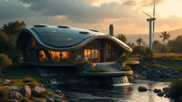 2031. Innovative environmentally-friendly home, solar panels, water wheel in river, alternative energy, wind turbine, scientific experiment, home of the future, amazing curved architecture, fantasy, robotic, magic, automated, spectacular, futuristic, beautiful lighting, attractive composition, photorealistic, extremely detailed, chiaroscuro