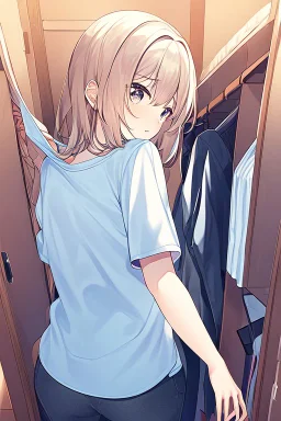 anime girl in a changing room wearing short-shorts and a pyjama shirt, with her back turned.