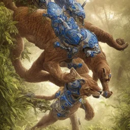 a highly detailed illustration of cougar in battle armor, blue and white, background of Inka jungle, realistic render, 8 k, micro detail, intricate, elegant, centered, digital painting, Artstation, smooth, sharp focus, illustration, artgerm, tomasz alen kopera, peter mohrbacher, donato giancola, joseph christian leyendecker, wlop, boris vallejo