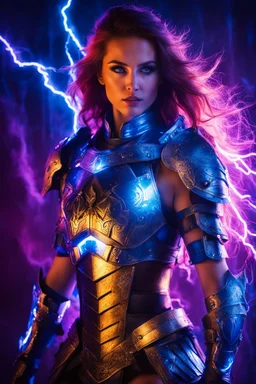 Photography Beautiful woman dressing warrior armor, blue lighting, extreme neons colors lightning, surrounded by colors electricity