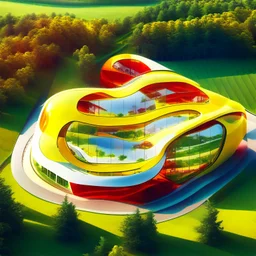 Vista aérea Casa campestre de cristal, estilo Zaha Hadid, ventanas de vidrio, Arte digital, calidad ultra, 8k, 3D, clima de verano, colores amarillo, rojo y blanco