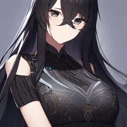 Clear focus,8k,Beatiful Lighting,Beatiful Blur,Beatiful Face,Beatiful Shading,Black long hair,silky hair, long silky bangs, black eyes, wearing a detailed outfit outfit,must wear a short black skirt, Hair in eyes, lot of hair,One arm is sleeveless,Extreme Close Up