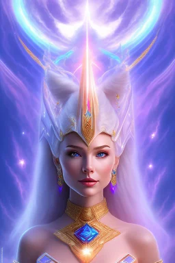 young cosmic woman pléiadian admiral from the future, one fine whole face, large cosmic forehead, crystalline skin, expressive blue eyes, blue hair, smiling lips, very nice smile, costume pleiadian,rainbow ufo