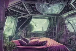 interior of a bedroom on a spaceship, in the background is large window showing a view of outer space, lush plants are spread around the room, intricate, elegant, highly detailed, smooth, sharp focus, detailed face, high contrast, graphic novel, art by ardian syaf