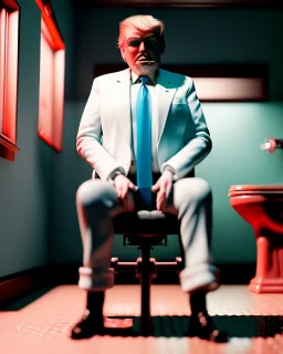 Toilet scene, donald trump sitting with his pants down and defecating, realistic photo, Wes Anderson style, concept art, smooth, unreal engine 5, god lights, ray tracing, RTX, lumen lighting, ultra detail, volumetric lighting, 3d.