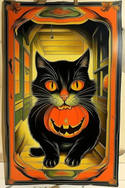Vintage store front poster, Halloween, cat inside pumpkin