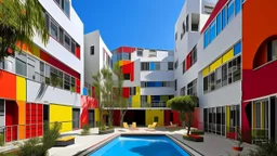 A wide shot captures a modern architectural courtyard with a pool in the foreground. The courtyard is surrounded by white buildings with colorful, recessed window frames in shades of red, orange, yellow, and blue. The buildings have curved and angular facades. A small yellow ramp-like structure is positioned in the center of the courtyard, with a few trees scattered around. The sky above is a clear blue with scattered white clouds. The water in the pool reflects the colors of the sky and the sur
