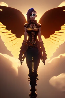 steampunk angel, clouds, golden glow, majestic, awe