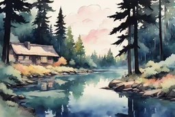 retro anime style, full color, dark serious 1980s anime style, A lake in the forest near a cottage, watercolor, forest,
