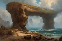 Clouds, rocks, cliffs, rocky land, sci-fi and fantasy, beyond and trascendent, 90's sci-fi movies influence, rodolphe wytsman and charles leickert impressionism paintings