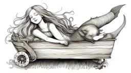 The image is a black and white illustration of a mermaid lying on a wooden cart with a dog pulling it. The mermaid is lying on her back with her arms stretched out to the sides and her head tilted back, as if she is sleeping. She has long blonde hair and is wearing a crown on her head. The cart is made of wood and has four wheels. In the background, there is a ship sailing on the ocean with two seagulls flying above it. On the right side of the image, there are two stamps with the words "August
