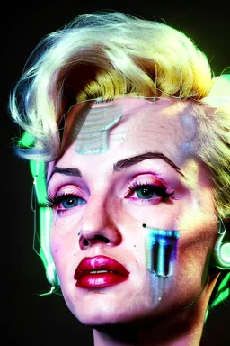 Ultra Realistic image, portrait, blonde woman, sweet Marylin Monroe face, perfect iris, glow eyes, makeup, wires attached to head. Retro sci-fi style, latex coat, fog, rain, soft color, highly detailed, unreal engine 5, ray tracing, RTX, lumen lighting, ultra detail, volumetric lighting, 3d, finely drawn, high definition, high resolution.