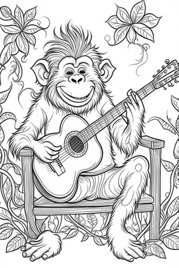 Outline art of laughing monkey with hair texture holding a guitar sitting on a chair in a garden