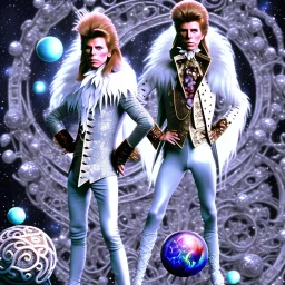 David bowie full body, white snow owl feathery jacket, fancy 1700's time period clothes, Jim Henson's The Labyrinth, Jareth the goblin king, holding crystal balls in hand, wearing spandex grey leggings, huge crotch bulge, labyrinth illusion, floating broken stairs in background, floating broken earth in background, anatomically correct, 8k hyper realistic,80's vibe, complex background