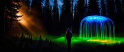 Bigfoot epidemiologist investigating, giant bio luminous Rainbow floating high JellyFish, closeup, light floating in a forest, mist, light trails, nighttime, long exposure, Treeline, Alberta, scientist, Dystopian, Hyper detailed, Realistic, Extreme depth of field, bokeh blur, Alberta all-natural, National Geographic, in the style of candid, imperfection, natural lighting, cinematic, Fuji Film, Anamorphic lens, 2040s, --ar 4:5 --w 150 --style ra