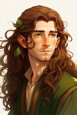 Hobbit, braune lange wilde Haare, große, dicker Nase, gepflegter kurzer Bart, kein Vollbart, grüne Augen, hübsch, sehr jung (etwa zwanzig Jahre) , Druide, gebräunte Haut
