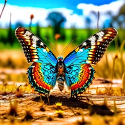 plano macro de una mariposa con gigantes alas coloridas, corona de reina en una campo arido de argentina