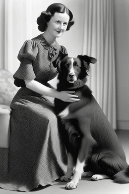 a lady with a dog double size than her