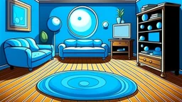 Fantasy cartoon illustration: Living room. On the floor there is a bright blue dot!