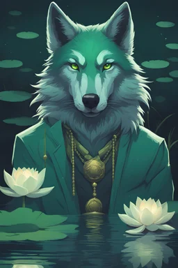 award winning portrait of a male anthropomorphic green wolf that lies at the bottom of a pond, with lotus flowers floating on the water, moon, night time, reflection, loose strokes, dynamic lighting, digital art, 4k, by justin gerard and greg rutkowski, digital art, realistic painting, dnd, character design, trending on artstation