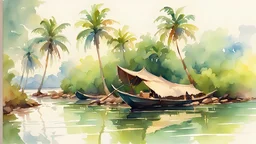 watercolor painting, kerala backwater scene, lush green coconut trees, , water, river , colorful, pen line sketch and watercolor painting ,Inspired by the works of Daniel F. Gerhartz, with a fine art aesthetic and a highly detailed, realistic style
