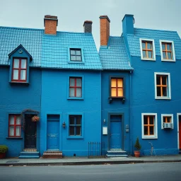 Fotografia di strada assurda e falsa non-cozy blu weirdcore dai colori vivaci. Fantasy land. Escher. Non luogo falso, inusuale. Max Ernst. Le case sono false e dipinte di nero chiaro con cose stilizzate e dettagli. Ci sono finestrelle false quadrate, che danno un senso distopico e molto surreale, disposte in modo casuale. L'atmosfera generale sembra noiosa e onirica, con un contrasto tra elementi reali ed elementi dipinti falsi, René Magritte, oddest things