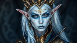 The image features a person with an elaborate makeup and costume that gives them an otherworldly appearance. They have pale skin, long white hair, and pointed ears. Their facial features are accentuated by gold and blue makeup, which includes intricate designs around their eyes and on their forehead. The individual is wearing a headdress with a spike-like design that adds to the fantastical look. They are also adorned in a costume with gold and blue elements, featuring what appears to be scales