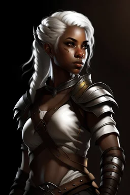 female ranger from dungeons and dragons, scale mail and hot leather clothing, white braided hair, woman of color, realistic, digital art, high resolution, strong lighting