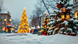 Christmas card on worn paper, snow, Christmas, lights, city, tree, hyperrealism, masterpiece, enhanced focus, 8K,