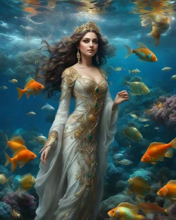 Fullbody excellent pose gorgeous photography art realistic,cinematic realistic colors,soft blur ,natural beauty, of young woman, smiling, beautiful, shiny grey eyes, make up,Queen Persian style, shiny baubles, ornate, large gemstones, shiny molten metalics, shiny wire filigree, brown hair, high definition, Walk in underwater scene teeming with colorful fish nemo, many full fishes swim, and gentle sea turtle