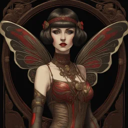 Full body, art nouveau woman with a bob with a fringe hairstyle, Cleopatra clothing, steampunk metal butterfly wings, red markings, black background