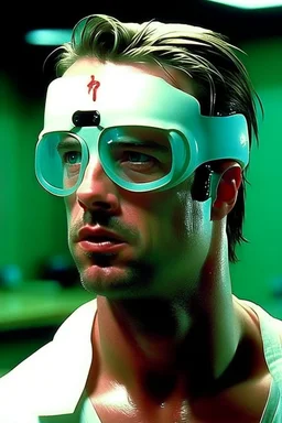 brad pitt from fight club wearing swimming goggles and trunks