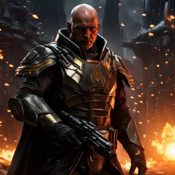 star wars bald male corellian pilot wearing pearlescent black and gunmetal grey First Order special forces heavy assault stealth commando armor and helmet with gold trim inside the jedi temple, hyperdetailed, dynamic lighting, hyperdetailed background, 8k resolution, volumetric lighting, light skin, fully symmetric details