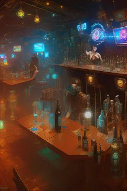 dog in a cyberpunk bar, digital art style. fantasy,particales, wide shot,cowboy robots, western feel,cinematic, highly detailed, intricate detail