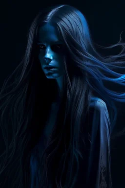 female blue ghost, long hair, beautiful, aggressive, dark style