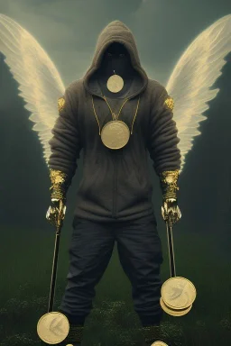 running berserker portrait , no face, black jogging suite , in the night Alps , holding coins , angels background, volumetric gold light, high detail, dark leaf tree, dark mountains in background, perfect, HR Giger style