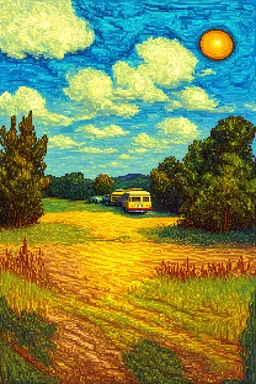 The hour of the veil; surrealistic glitch in a sunny Van Gogh-like Post-Impressionistic dreamy landscape