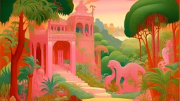 A pink magical realm designed in ancient Egyptian architectures and sculptures painted by Paul Ranson