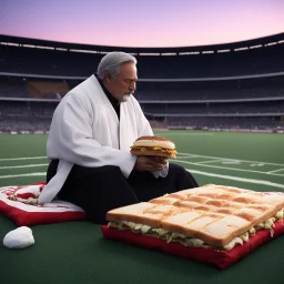 In the center of the frame, the Priest of the Red Redemption lies back against several soft, disheveled pillows in a desolate municipal baseball stadium during twilight. He holds a large, handmade, multi-layered sandwich (crusty sourdough, turkey, melting cheese) poised for a bite. An unlit cigarette dangles from his lips as he clutches a crumpled black-and-white photograph close to his chest—a psychedelic tape infinite loop dance playing in a raw 35mm fisheye perspective. One hand covers his ey