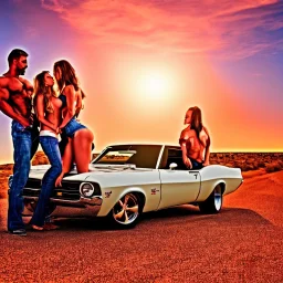 muscle car, man and woman making love, desert road, sunset, full colour,