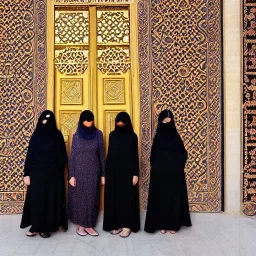 high-quality, award-winning photograph of women in burkas standing in front of intricate, ornate, fine-detailed, stunning mosque, mosaic walls, clear sky, flowing burkas, volumetric lighting, 8k resolution, high-quality, intricate, digital art, brian froud, howard lyon, selina french, anna dittmann, annie stokes, lisa parker, greg rutowski, alphonse mucha