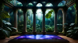 MISTIC meditation podium, night landscape , View from large bay windows throughout from the large bay windows extends through the jungle forest. the palace antic colonnades direct view in the midst in the jungle ,galaxy, space, ethereal space, panorama. With the songs of dawn and the sadness of sleep Every leaf - that trembles in the embrace of the black My With energy dream
