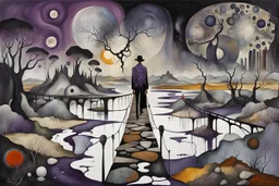 face to the camera in midle one alone human figure with a big map his hands in weird whimsical clothes stands on thin weird bridge , weird whimsical landscape, forest, and Sahara water and rocks,, around surreal cracked painted weird land with some black doors. dark purple, gray, black, white, brown,deep colors. style of Chagall , of Minjae Lee and Tim Burton, absurd beauty. broken, weird bizarre absurd, nightmare, neuron network background, surreal vibe