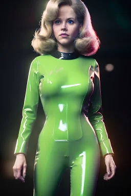 Ultra Realistic retro sci-fi portrait image from 1960, New York, spaceship, sweet young Jane Fonda, tight latex suit, weapon, fighting stance, soft color, highly detailed, unreal engine 5, ray tracing, RTX, lumen lighting, ultra detail, volumetric lighting, 3d, finely drawn, high definition, high resolution.