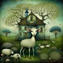 Intricately textured Amanda Clark, Catrin Welz-Stein, Zdzisław Beksiński and Dee Nickerson style mix, iridescent pastel colours; "Whimsical, bizarre, twisted, bending house on a flowering meadow, branches growing from roof, fences, many sheep," watercolor painting, meticulous detail with fine pen strokes, intricate patterns, fantasy landscape elements, fractals, dreamlike atmosphere, imaginative composition, artistic interpretation by SK, intricate linework, organic textures, sunny lighting.