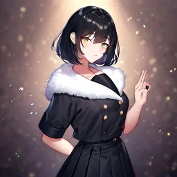 Clear focus, High resolution, fluffy black short hair, dark green eyes, wearing a black sailor uniform and pleated black skirt, fluffy hair, detailed outfit, wearing red makeup