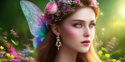 bright fairy, beautiful portrait, flowery landscape