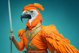 half parrot half human in a orange Dutch uniform with a katana having a sword fight