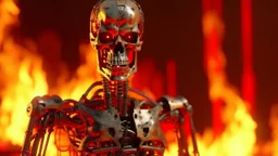 4k ultra details maximum. Terminator sans peau anime une émission de radio entouré de flammes